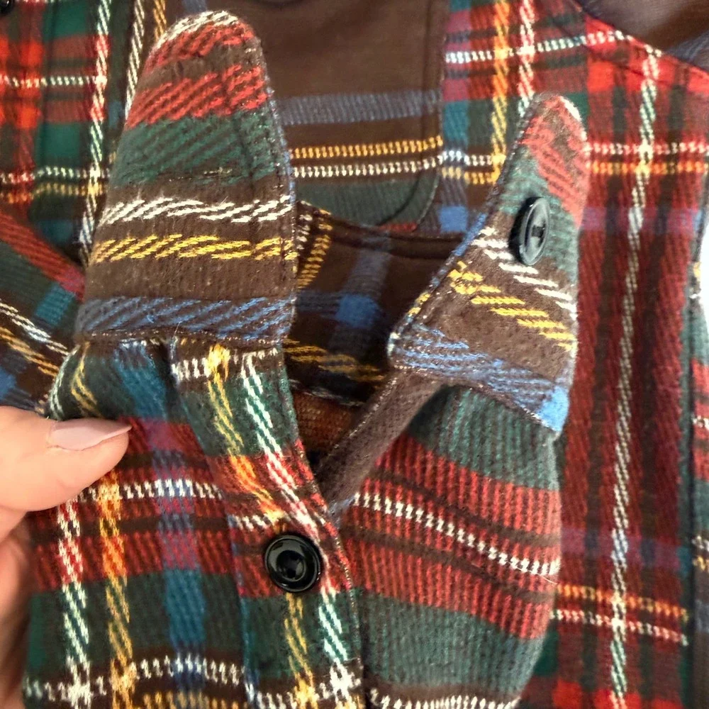 J. Crew Mens M Brown Plaid Knit Button Down Shirt Flannel Gorpcore Hiking outdoo